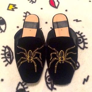 Brand new unique black velvet spider mules